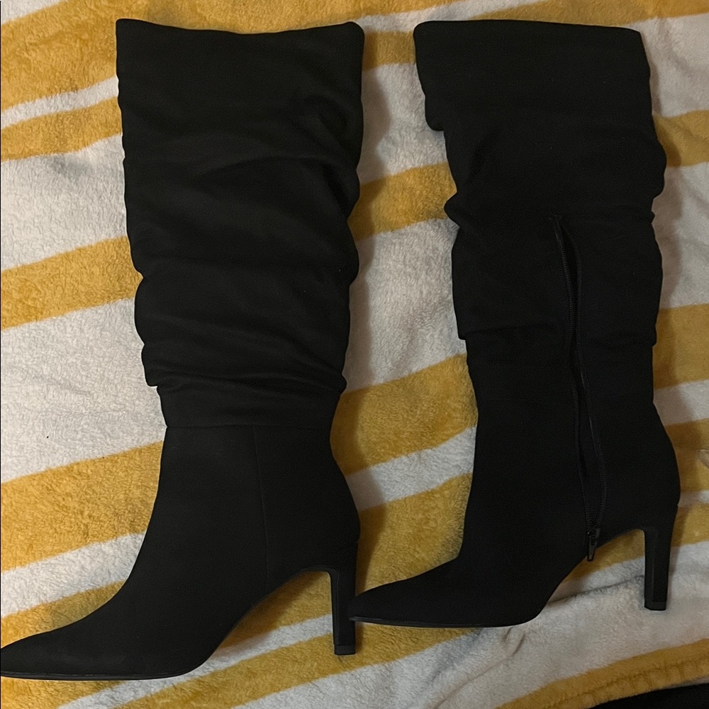Elegant Black Ruffled Knee-High Boot Heels